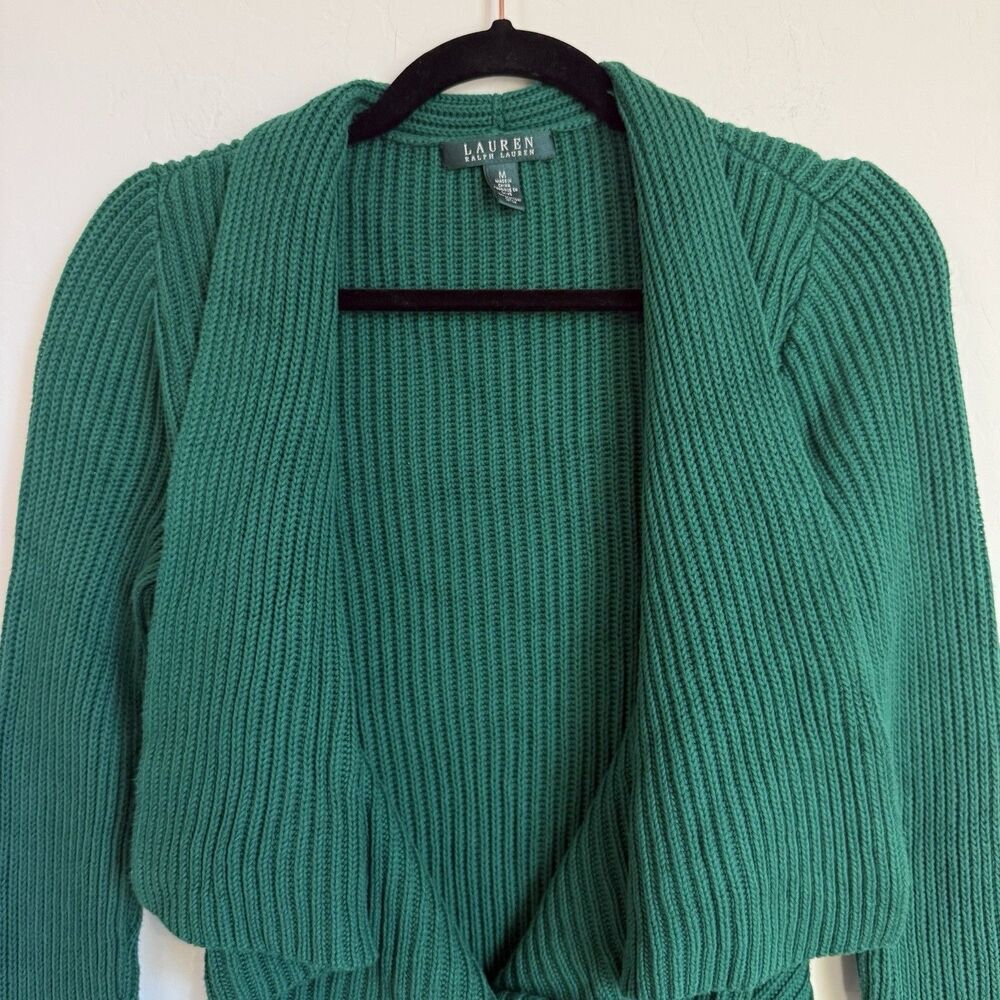 Lauren Ralph Lauren Green Cotton Knit Shawl Cardigan Medium Classy Preppy Money - Picture 7 of 11